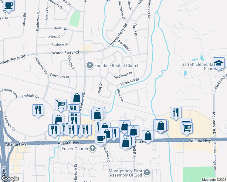map of restaurants, bars, coffee shops, grocery stores, and more near 229 Kroy Drive in Montgomery