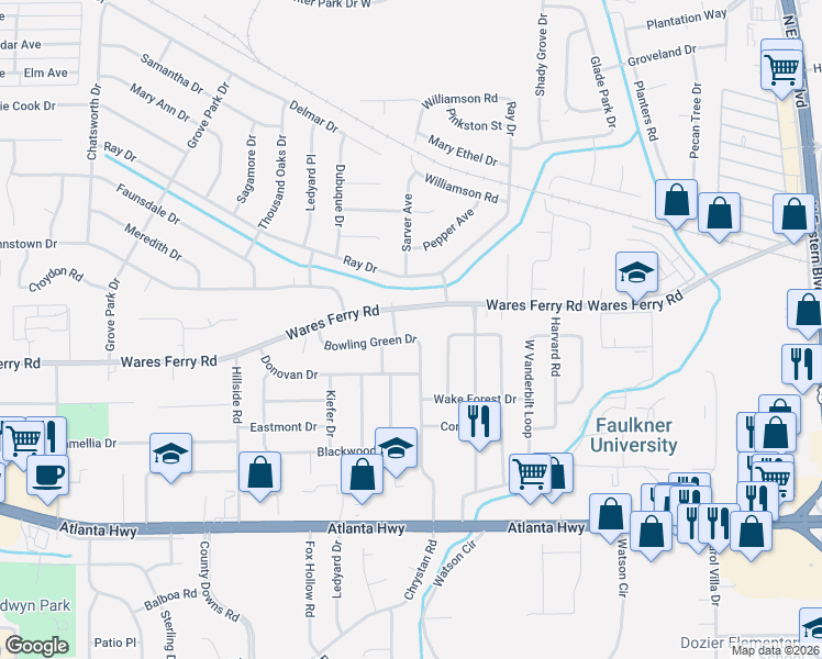map of restaurants, bars, coffee shops, grocery stores, and more near 400 Yale Dr in Montgomery
