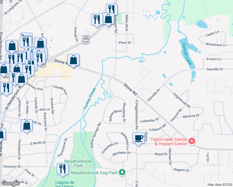 map of restaurants, bars, coffee shops, grocery stores, and more near 708 Woodway Street in Kilgore