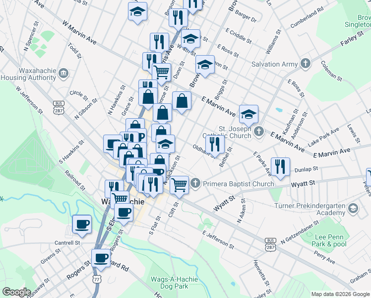 map of restaurants, bars, coffee shops, grocery stores, and more near 404 North Jackson Street in Waxahachie