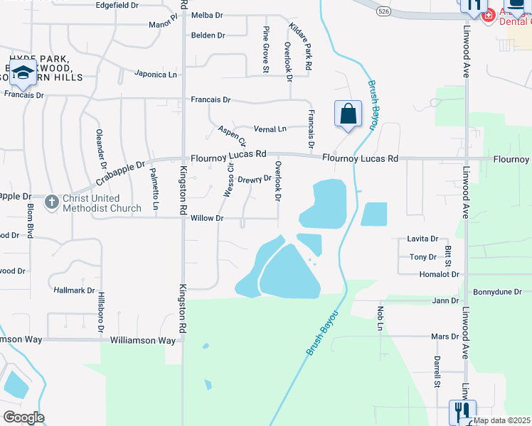 map of restaurants, bars, coffee shops, grocery stores, and more near 822 Willow Drive in Shreveport