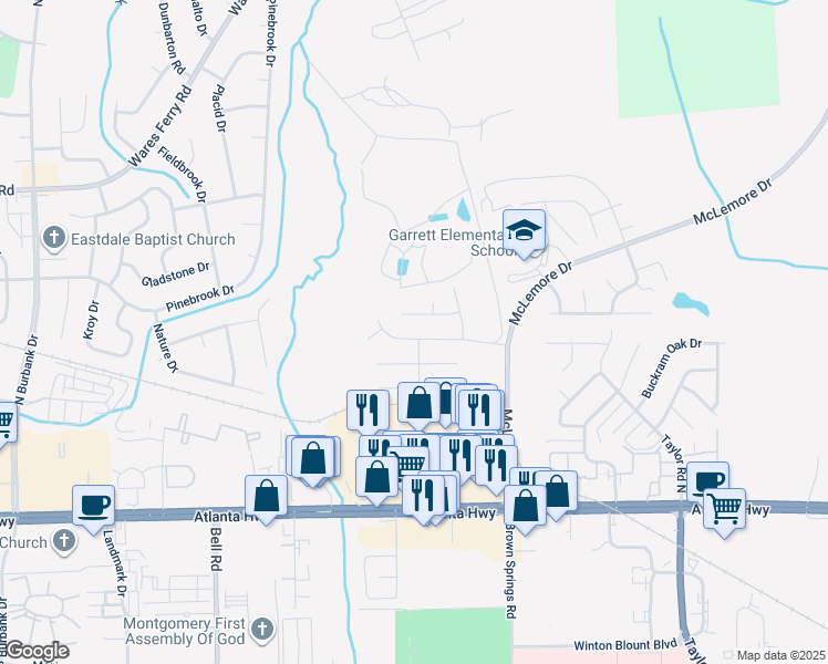 map of restaurants, bars, coffee shops, grocery stores, and more near 504 Park Lake Drive in Montgomery