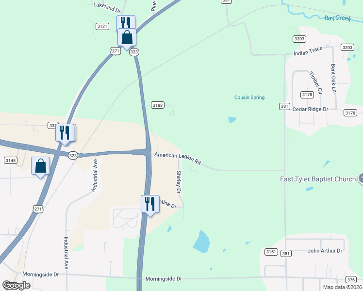 map of restaurants, bars, coffee shops, grocery stores, and more near 4875-4899 American Legion Road in Tyler