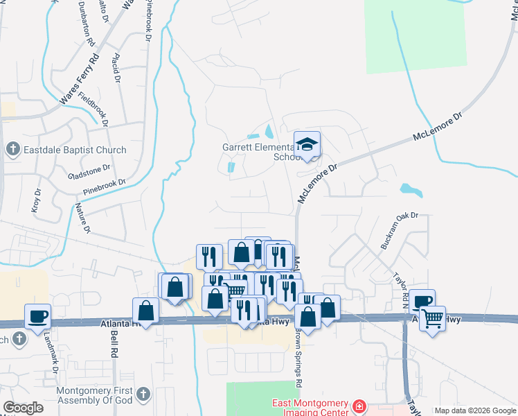 map of restaurants, bars, coffee shops, grocery stores, and more near 432 Park Lake Drive in Montgomery