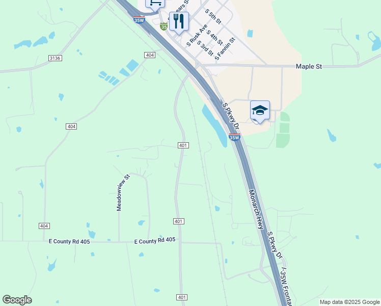 map of restaurants, bars, coffee shops, grocery stores, and more near 2021 County Road 401 in Alvarado
