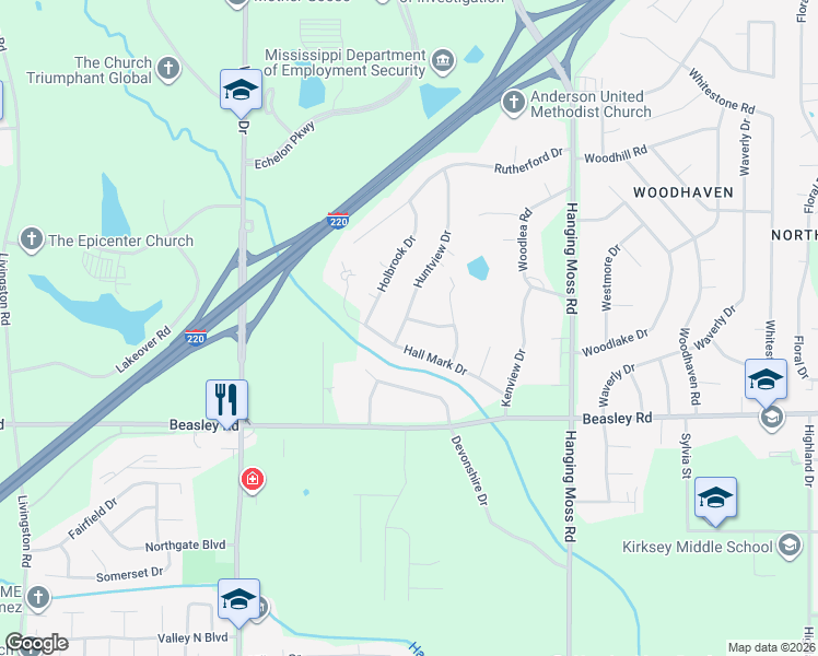map of restaurants, bars, coffee shops, grocery stores, and more near 1136 Hall Mark Drive in Jackson