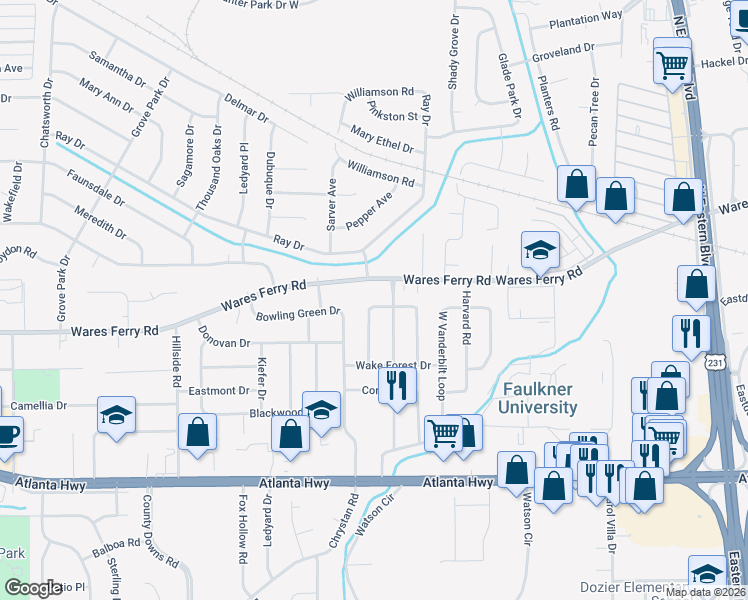 map of restaurants, bars, coffee shops, grocery stores, and more near 355 West Rutgers Loop in Montgomery