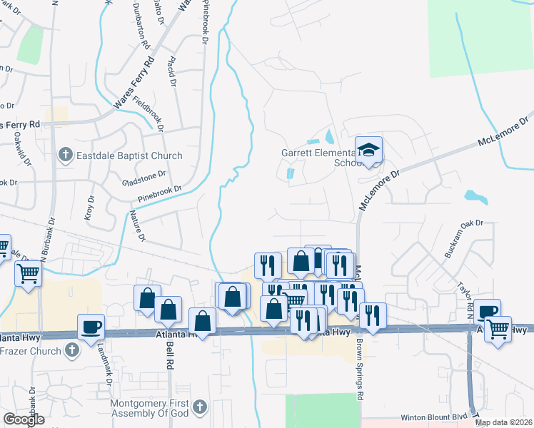 map of restaurants, bars, coffee shops, grocery stores, and more near 504 Park Lake Drive in Montgomery