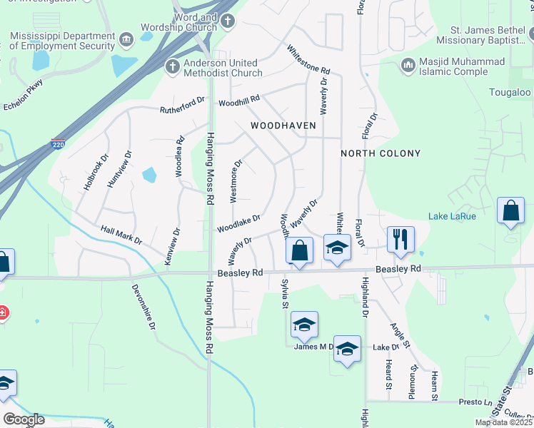 map of restaurants, bars, coffee shops, grocery stores, and more near 6005 Woodhaven Road in Jackson