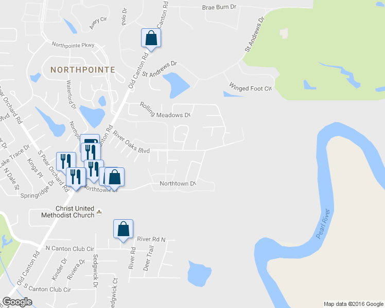 map of restaurants, bars, coffee shops, grocery stores, and more near 2355 River Oaks Boulevard in Jackson
