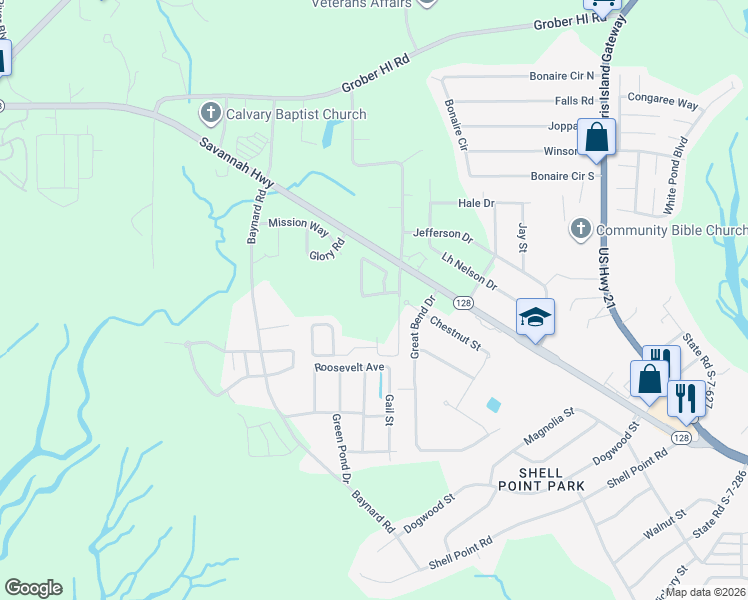 map of restaurants, bars, coffee shops, grocery stores, and more near 121 Bella Way in Beaufort