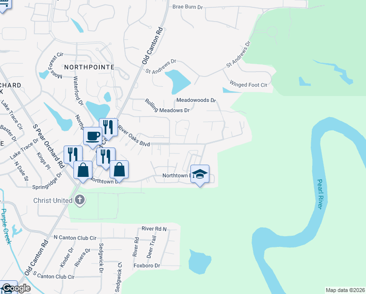 map of restaurants, bars, coffee shops, grocery stores, and more near 5 River Run Drive in Jackson