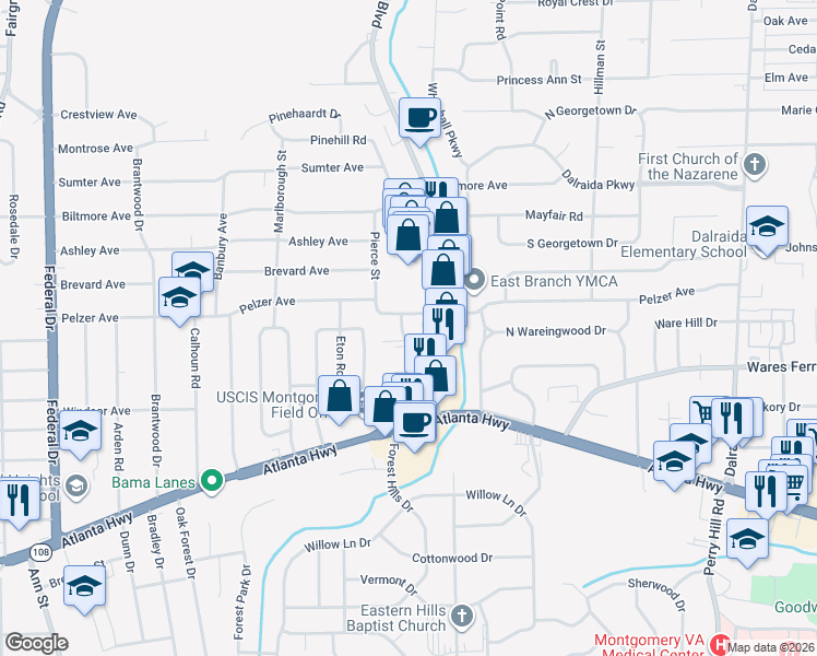 map of restaurants, bars, coffee shops, grocery stores, and more near 158 Holliday Drive in Montgomery