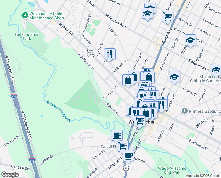 map of restaurants, bars, coffee shops, grocery stores, and more near 210 South Hawkins Street in Waxahachie