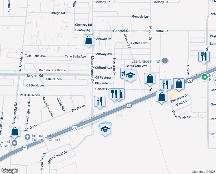 map of restaurants, bars, coffee shops, grocery stores, and more near 5115 Cortez Avenue in Las Cruces