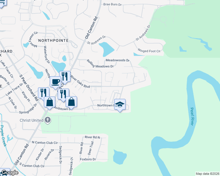 map of restaurants, bars, coffee shops, grocery stores, and more near 5 River Run Drive in Jackson