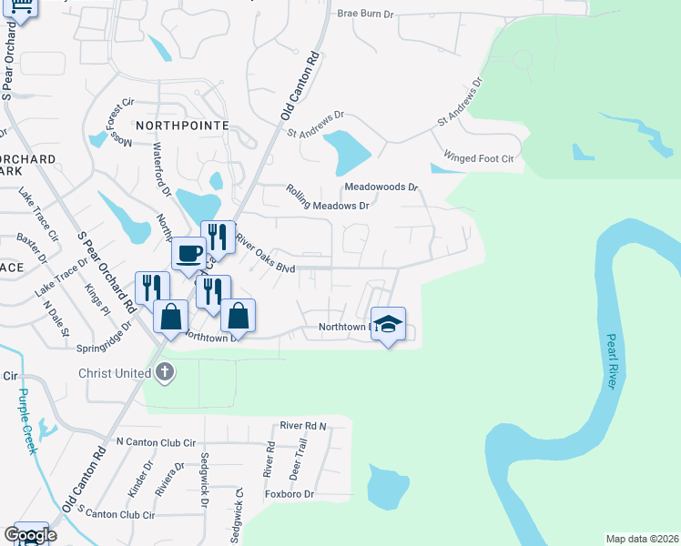 map of restaurants, bars, coffee shops, grocery stores, and more near 5 River Run Drive in Jackson