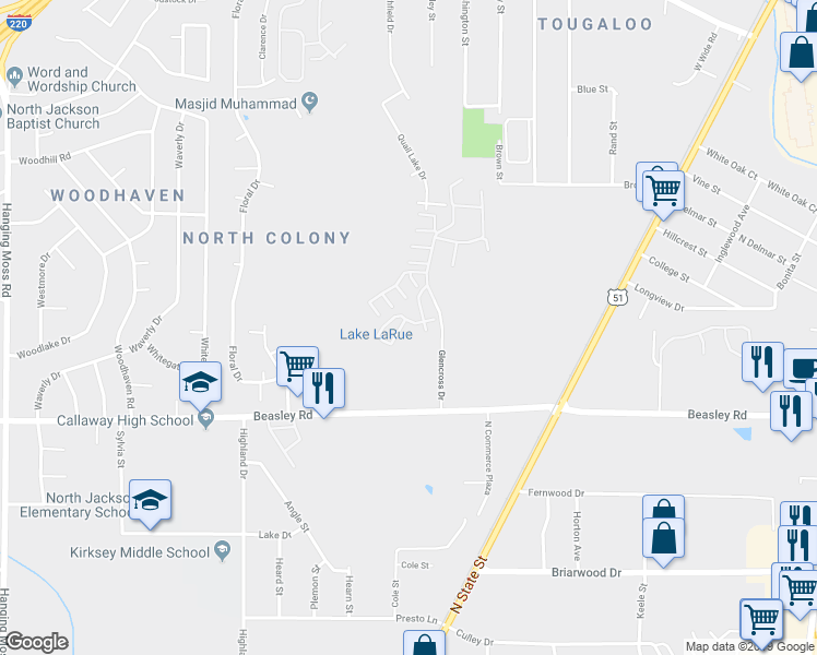 map of restaurants, bars, coffee shops, grocery stores, and more near Glencross Drive in Jackson