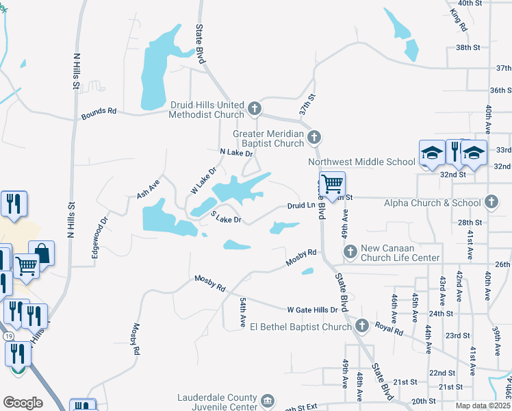 map of restaurants, bars, coffee shops, grocery stores, and more near 5117 Druid Lane in Meridian