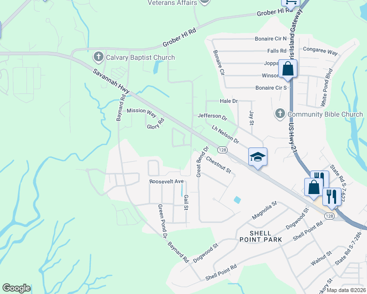 map of restaurants, bars, coffee shops, grocery stores, and more near 121 Bella Way in Beaufort