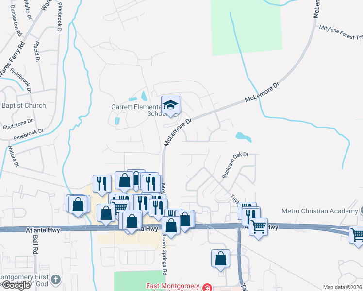 map of restaurants, bars, coffee shops, grocery stores, and more near 6787 Canter Trail in Montgomery