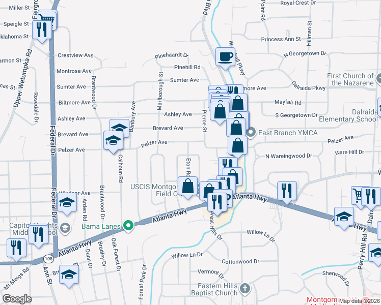 map of restaurants, bars, coffee shops, grocery stores, and more near 167 East Salem Drive in Montgomery