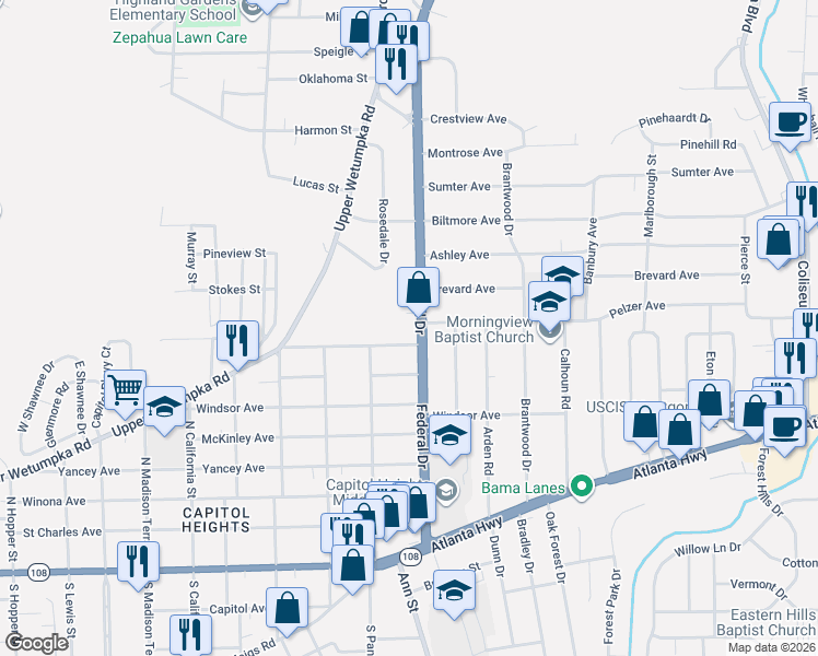 map of restaurants, bars, coffee shops, grocery stores, and more near 626 Federal Drive in Montgomery