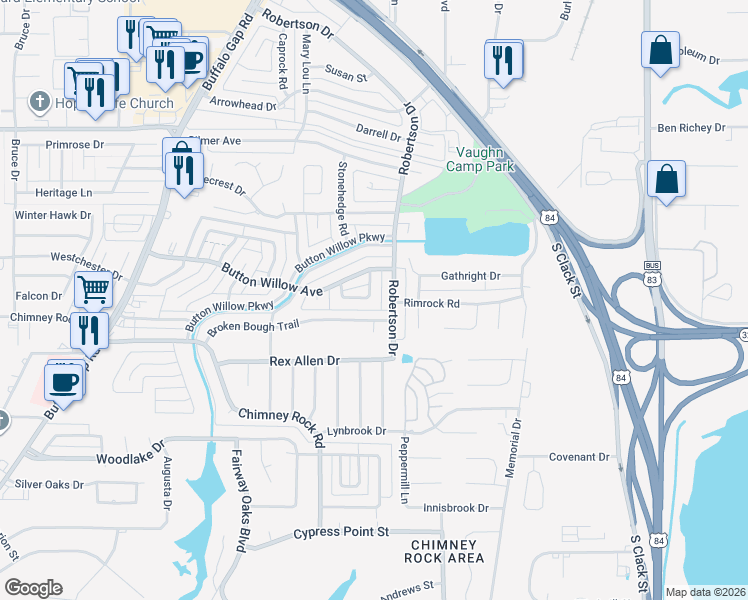 map of restaurants, bars, coffee shops, grocery stores, and more near 2634 Broken Bough Trail in Abilene