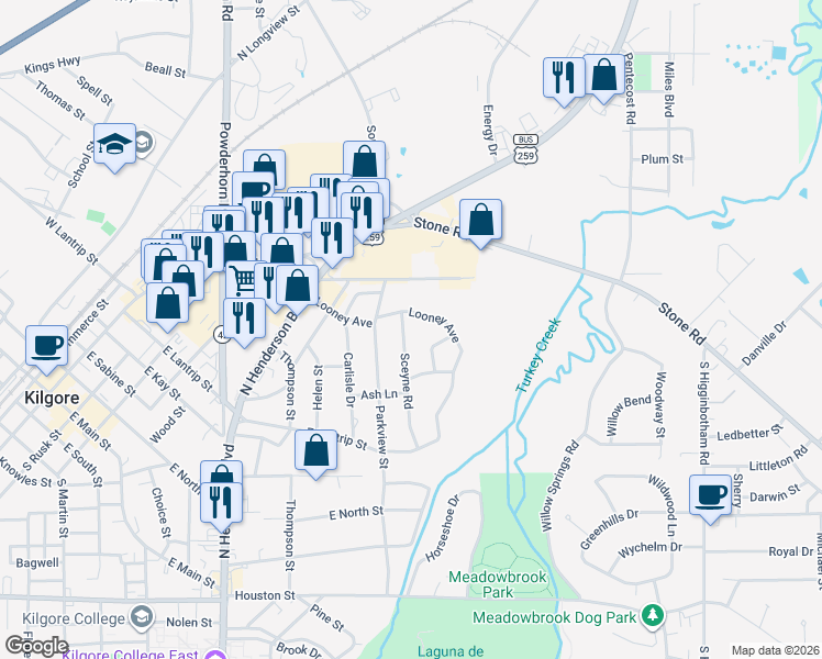 map of restaurants, bars, coffee shops, grocery stores, and more near 804 Sceyne Road in Kilgore