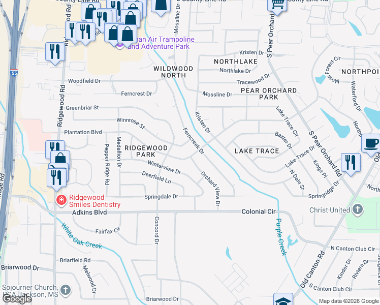 map of restaurants, bars, coffee shops, grocery stores, and more near 5841 Orchard View Drive in Jackson