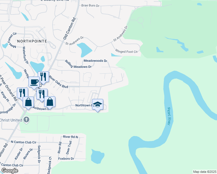 map of restaurants, bars, coffee shops, grocery stores, and more near 2467 River Oaks Boulevard in Jackson