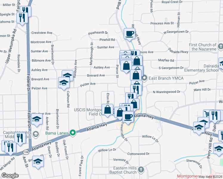 map of restaurants, bars, coffee shops, grocery stores, and more near 167 East Salem Drive in Montgomery
