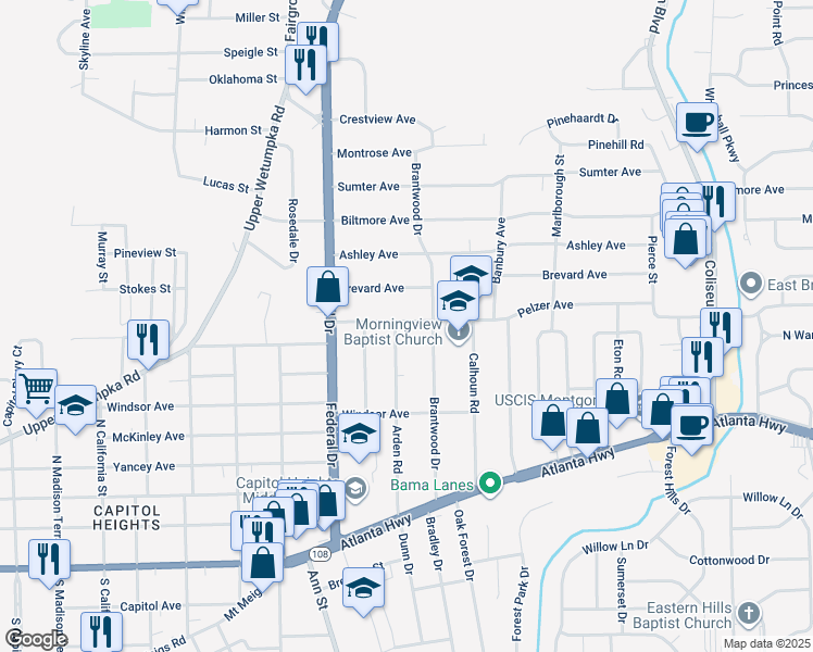 map of restaurants, bars, coffee shops, grocery stores, and more near 2766 Pelzer Avenue in Montgomery