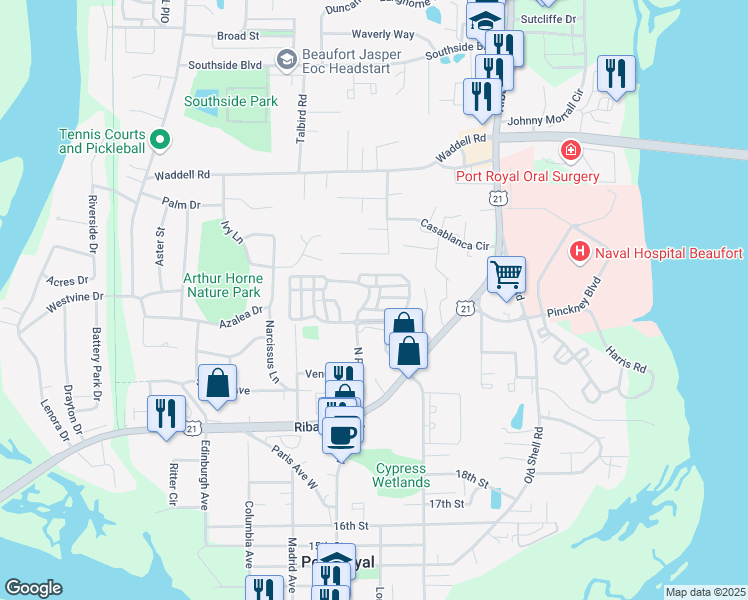 map of restaurants, bars, coffee shops, grocery stores, and more near 1000 Preserve Avenue West in Port Royal