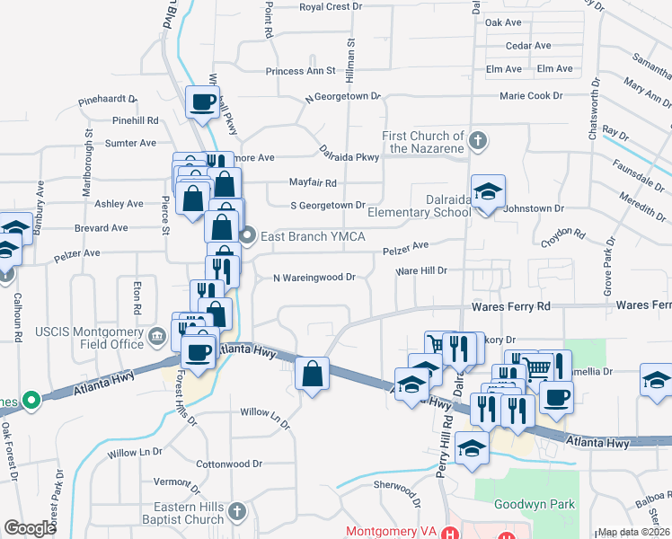 map of restaurants, bars, coffee shops, grocery stores, and more near 3576 North Wareingwood Drive in Montgomery