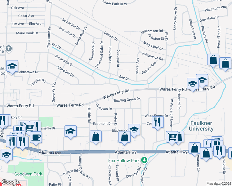 map of restaurants, bars, coffee shops, grocery stores, and more near 4355 Wares Ferry Road in Montgomery