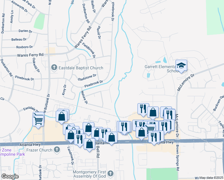 map of restaurants, bars, coffee shops, grocery stores, and more near 225 Townsend Drive in Montgomery