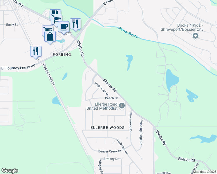 map of restaurants, bars, coffee shops, grocery stores, and more near 9846 Ellerbe Road in Shreveport