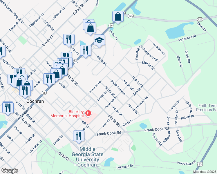 map of restaurants, bars, coffee shops, grocery stores, and more near 125 8th Street Southeast in Cochran