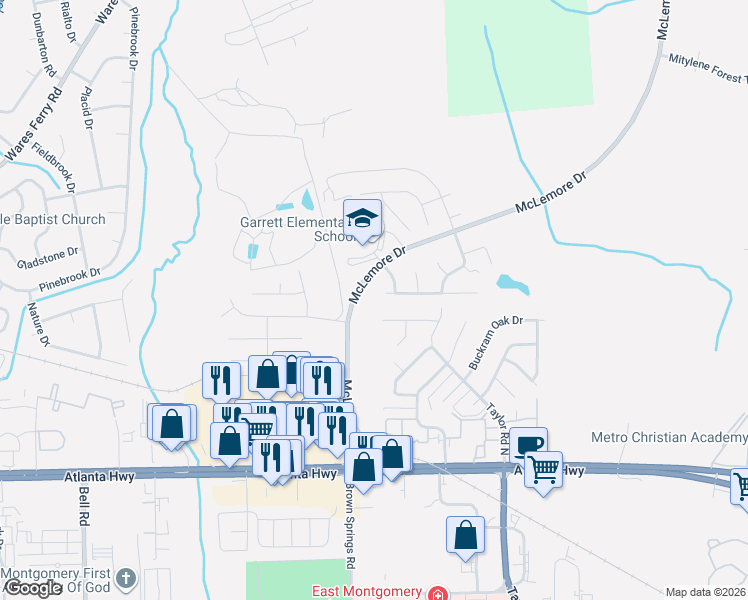map of restaurants, bars, coffee shops, grocery stores, and more near McLemore Drive in Montgomery