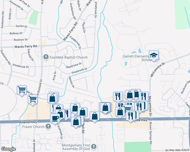 map of restaurants, bars, coffee shops, grocery stores, and more near 225 Townsend Drive in Montgomery