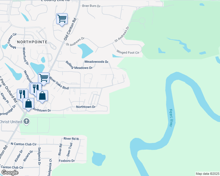 map of restaurants, bars, coffee shops, grocery stores, and more near 2467 River Oaks Boulevard in Jackson