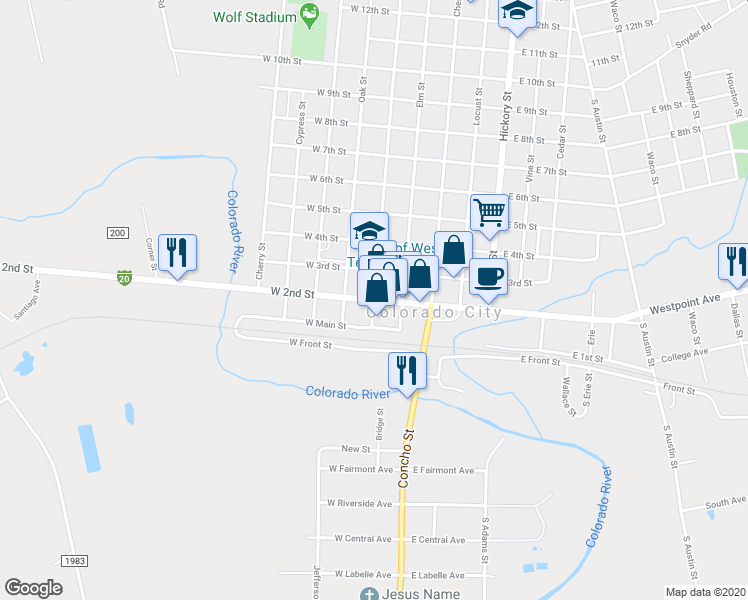 map of restaurants, bars, coffee shops, grocery stores, and more near E 2nd St & W 2nd St in Colorado City