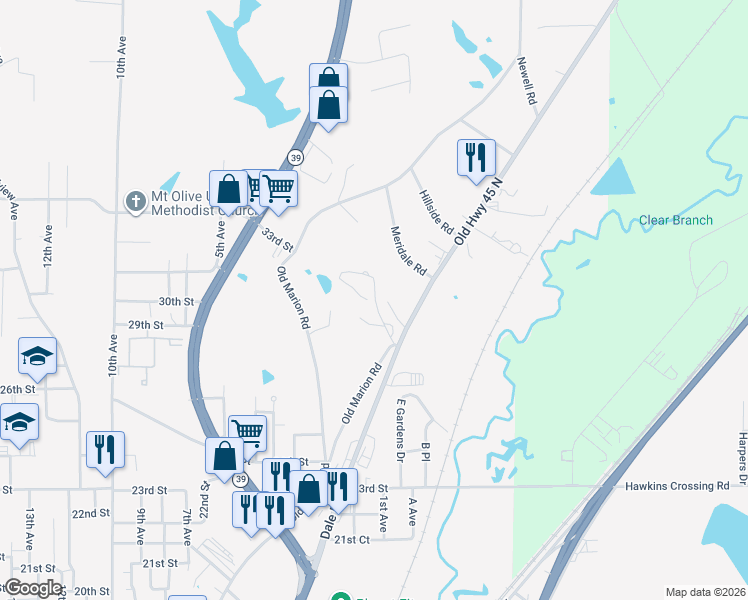 map of restaurants, bars, coffee shops, grocery stores, and more near 2905 Highway 45 North in Meridian