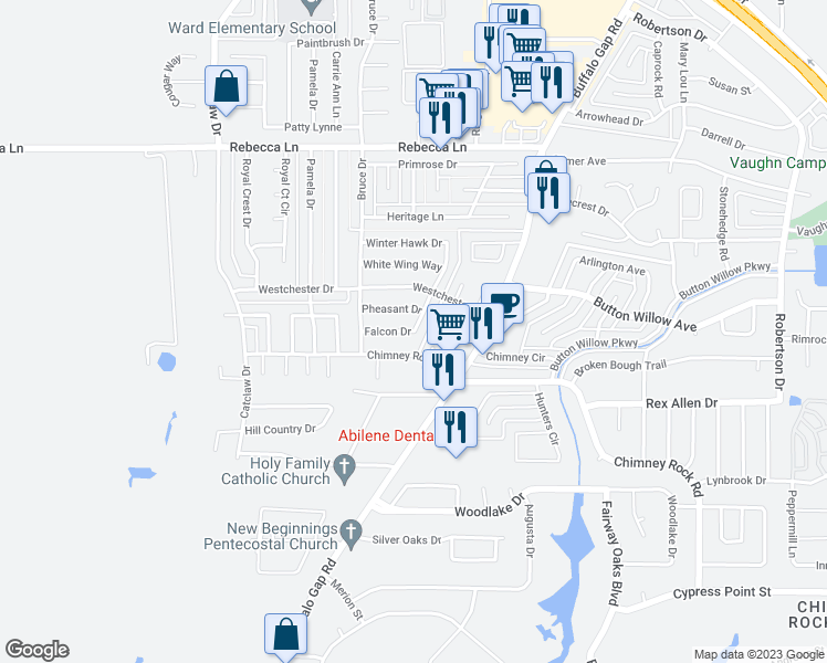 map of restaurants, bars, coffee shops, grocery stores, and more near 3201 Falcon Drive in Abilene