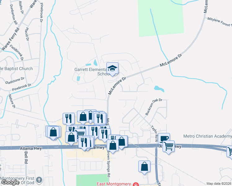 map of restaurants, bars, coffee shops, grocery stores, and more near McLemore Drive in Montgomery