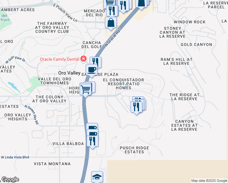 map of restaurants, bars, coffee shops, grocery stores, and more near Lipscomb Way in Oro Valley
