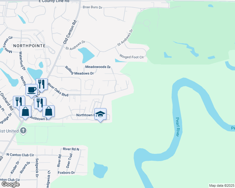 map of restaurants, bars, coffee shops, grocery stores, and more near 2467 River Oaks Boulevard in Jackson
