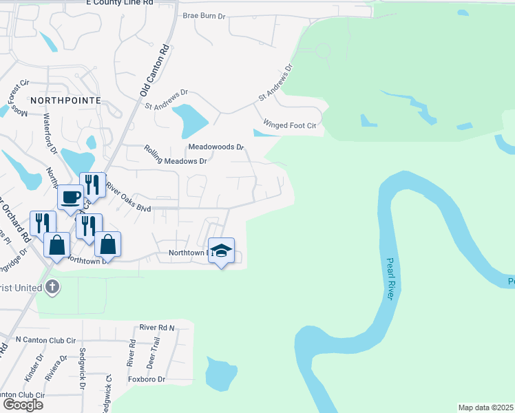 map of restaurants, bars, coffee shops, grocery stores, and more near 2467 River Oaks Boulevard in Jackson