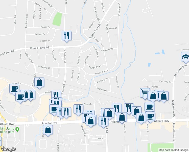 map of restaurants, bars, coffee shops, grocery stores, and more near 6200 Pinebrook Drive in Montgomery